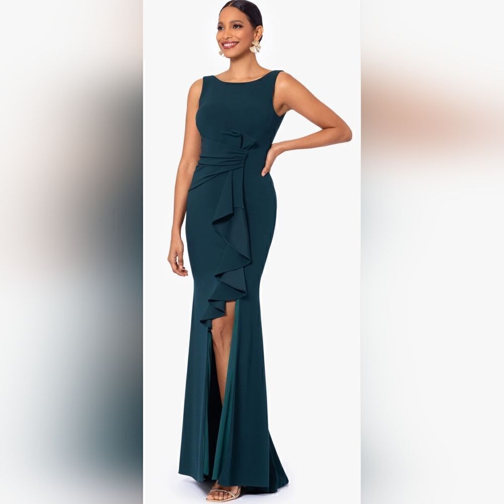 Betsy & Adam CHRISTINE SCUBA CREPE RUFFLED BOW GOWN NWT size 6 Green
